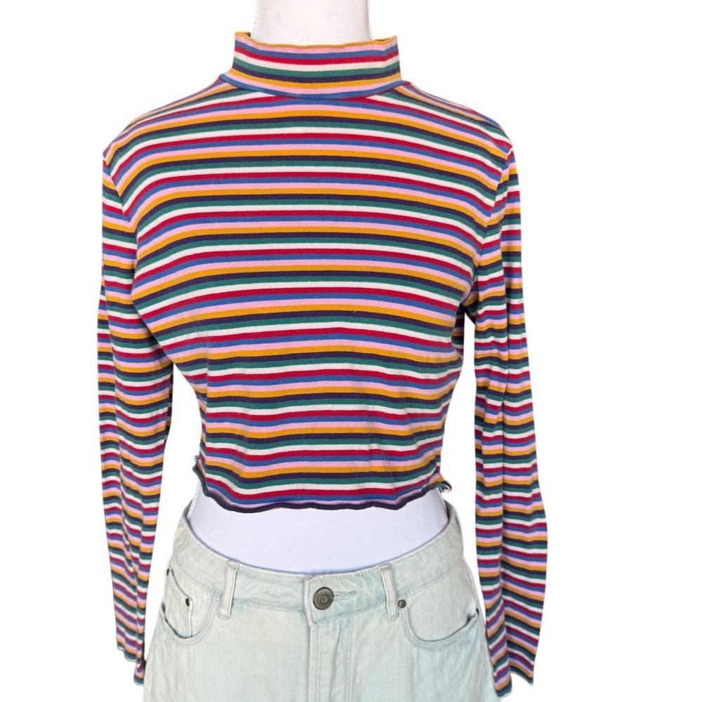 Stripe Turtleneck Crop Top Retro Rainbow Indie Kidcore Long Sleeve Monki M